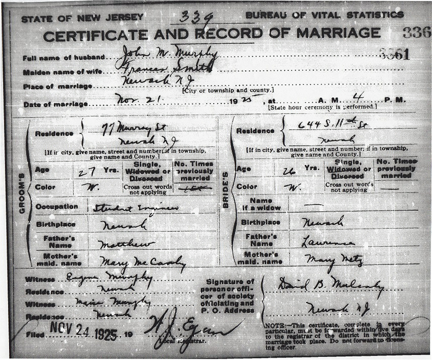 John M. Murphy and Frances F. Smith Marriagecertificate