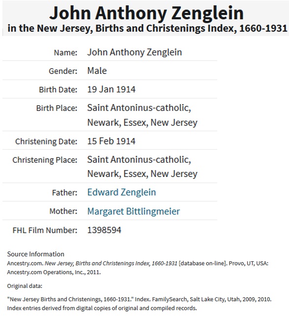 John A. Zenglein, Jr. Birth Index
