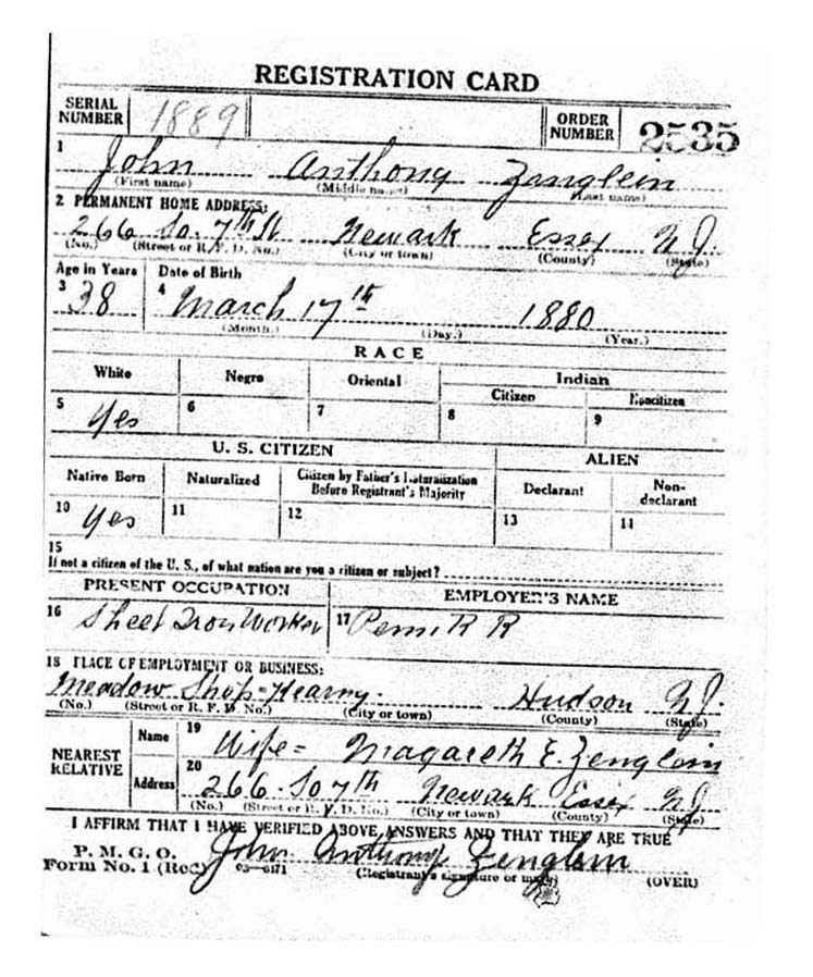 John A. Zenglein's World War I Draft Registration Card Part 1