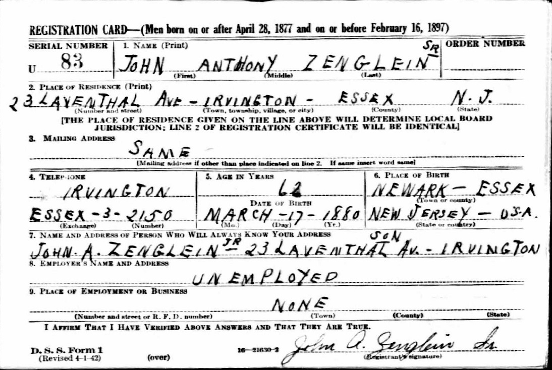 John Zenglein's World War II Draft Registration Card Part 1