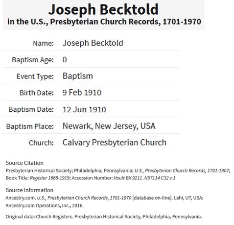 John Bechtold Birth Record