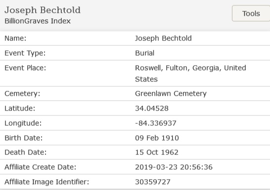 Joseph Bechtold Cemetery Index