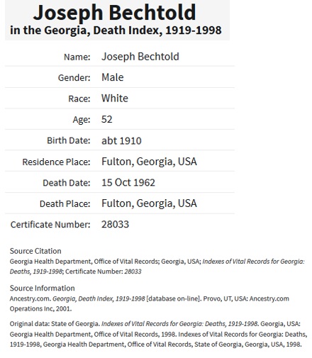 Joseph Bechtold Death Index