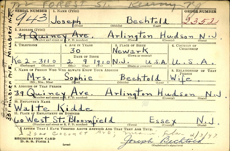Joseph Bechtold World War II Draft Registration