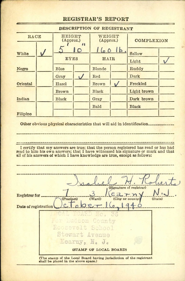 Joseph Bechtold World War II Draft Registration