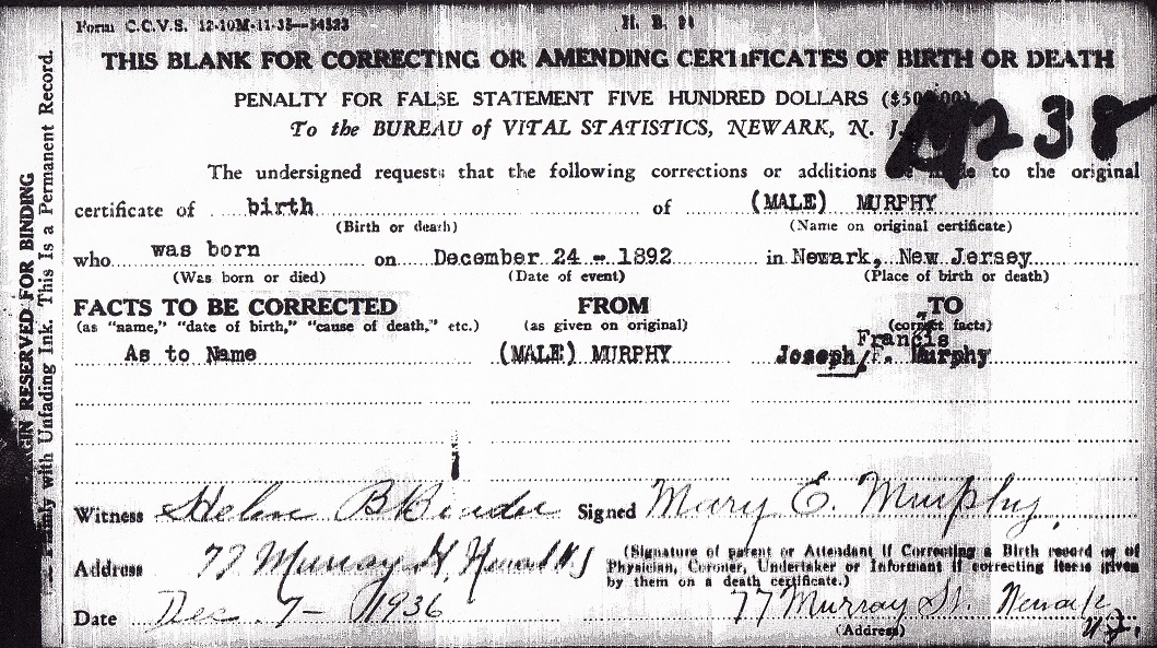 Joseph Francis Murphy Birth Certificate Amendment