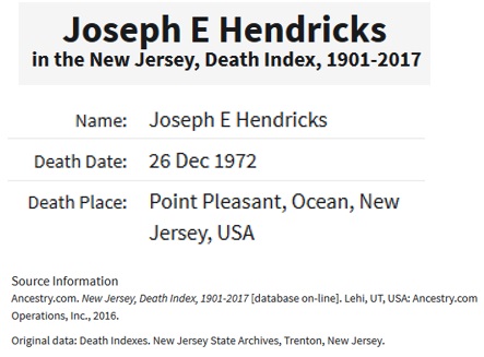 Joseph E. Hendricks Death Index