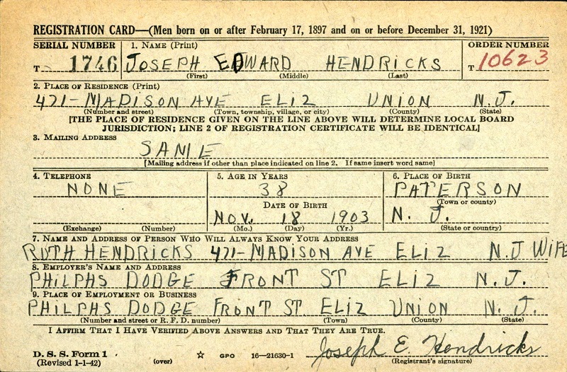 Joseph E. Hendricks World War II Draft Registration