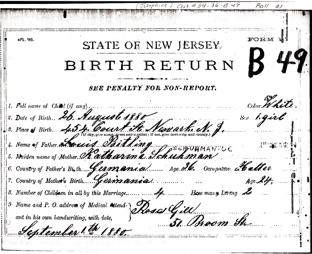 Josephine Bittlingmeier Birth Certificate