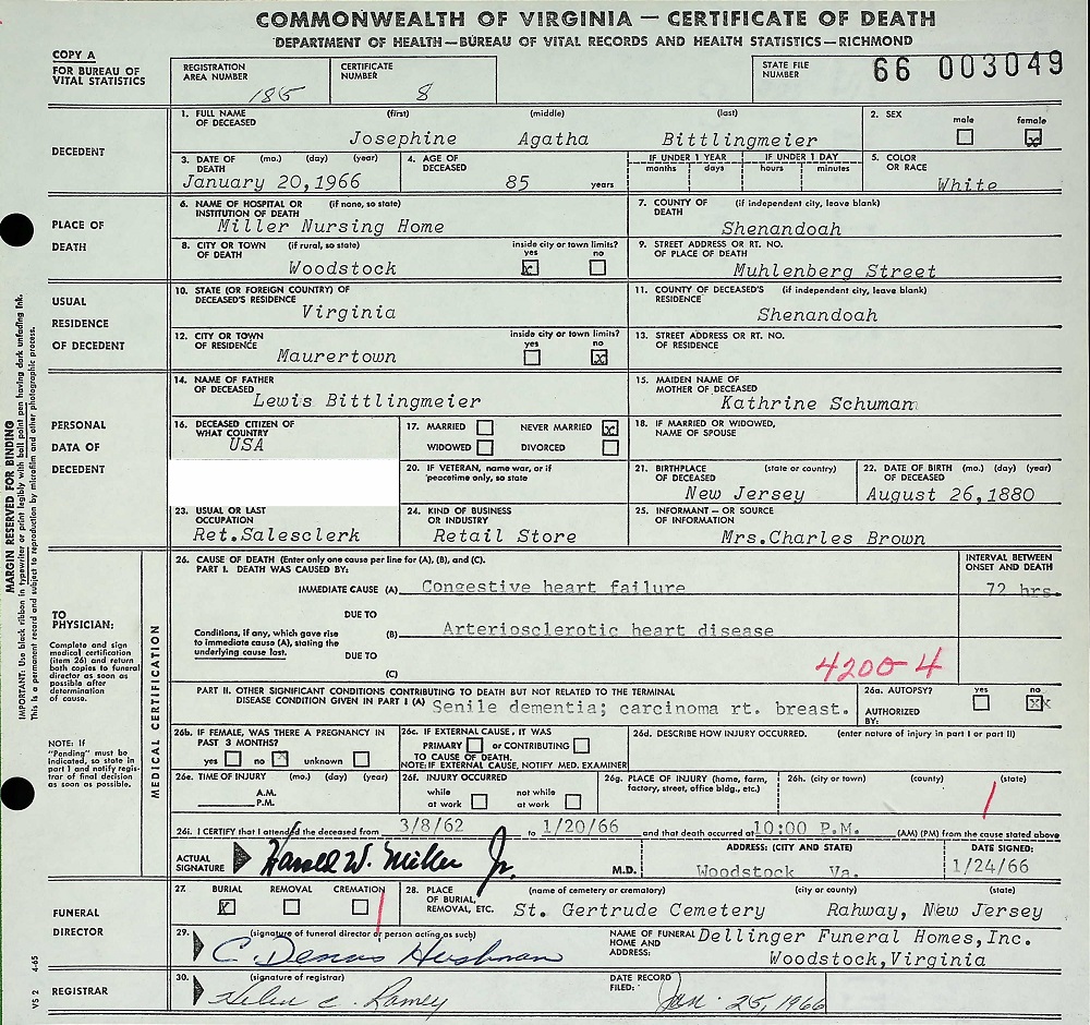 Josephine Bittlingmeier Death Certificate