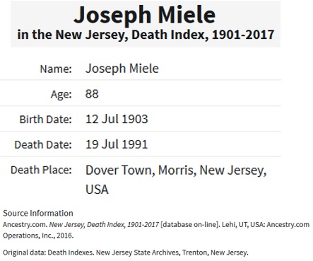 Joseph Miele Death Index