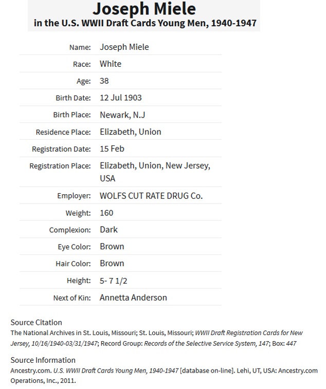 Joseph Miele World War II Draft Registration