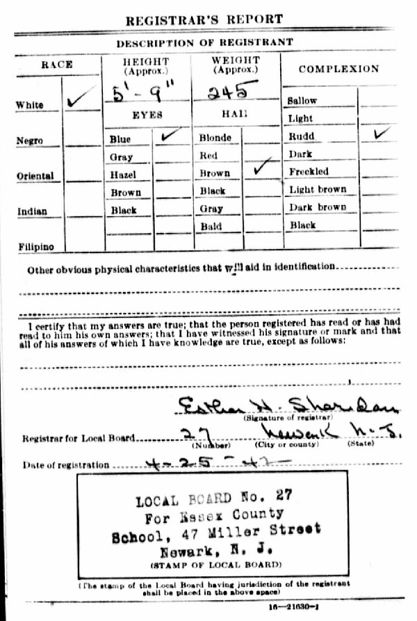 Joseph Francis Murphy's World War II Draft Registration Card Part 2