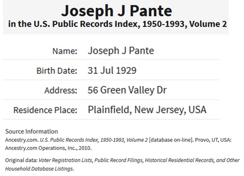 Joseph John Pante' Birth Index