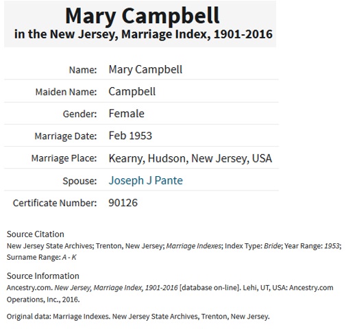 Joseph J. Pante' and Mary Campbell Marriage Index