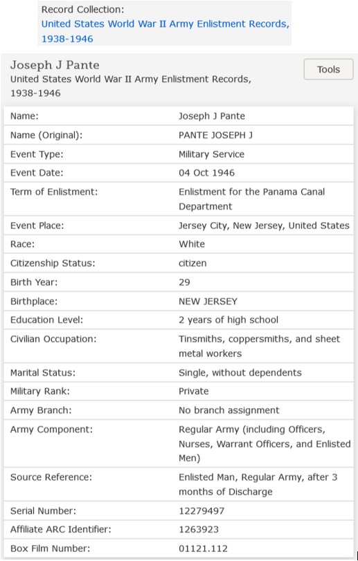 Joseph J. Pante's Enlistment Record