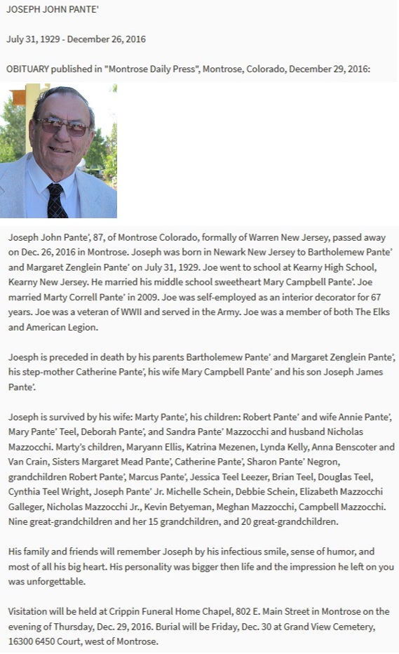 Joseph John Pante' Obituary