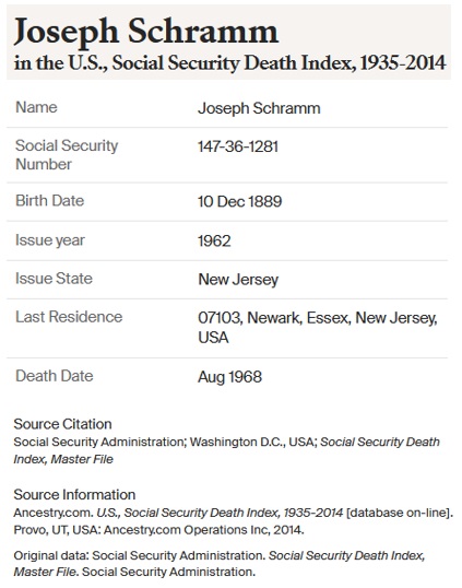 Joseph Albert Schramm Death Record