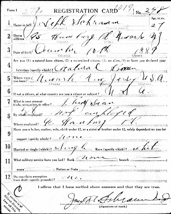 Joseph Albert Schramm WW1 Draft Registration
