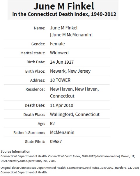 June McMenamin Finkel Death Index