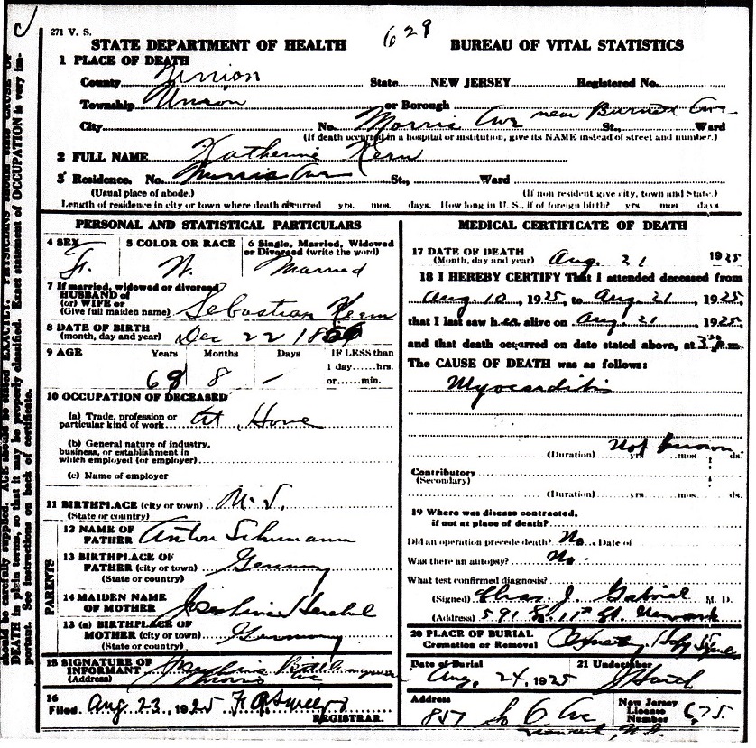 Katherine Schuhmann Bittlingmeier Kern Death Certificate