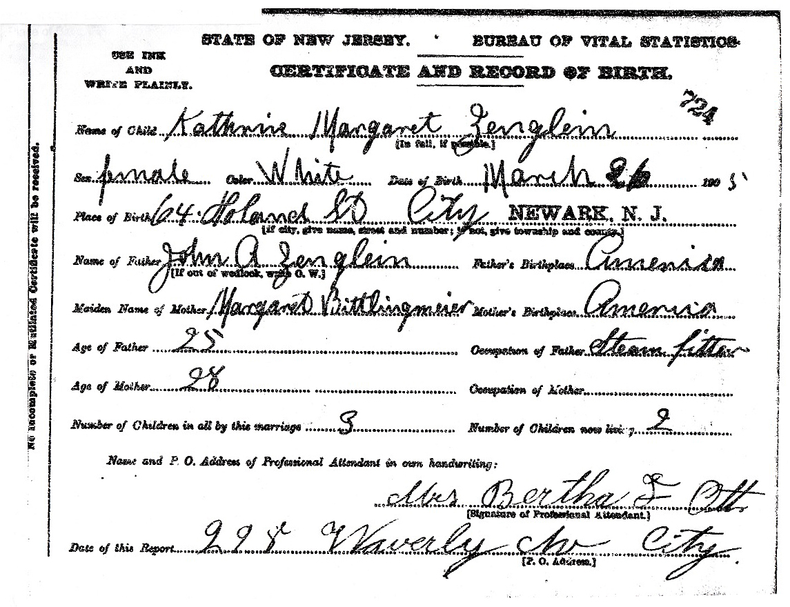 Katherine Margaret Zenglein Birth Certificate