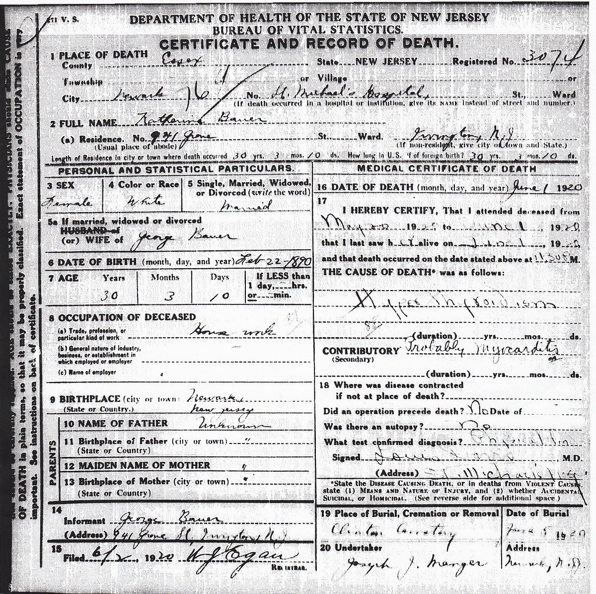Katherine Van Driel Bauer Death Certificate