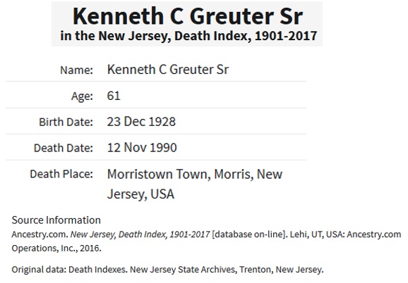 Kenneth C. Greuter Death Index