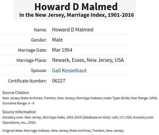 Gail Kesselhaut and Howard Malmed Marriage Index