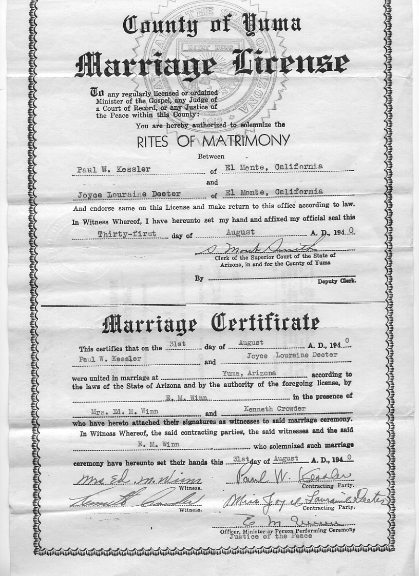 Paul Kessler and Joyce Deeter Marriage Certificate