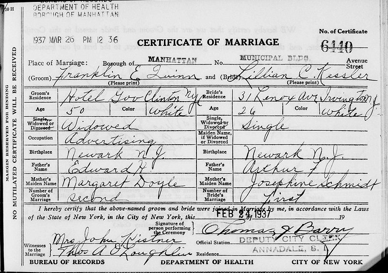 Lillian Kessler and Frank Quinn Marriage Certificate