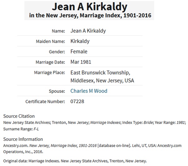 Marriage Record for Charles Wood and Jean Kirkaldy