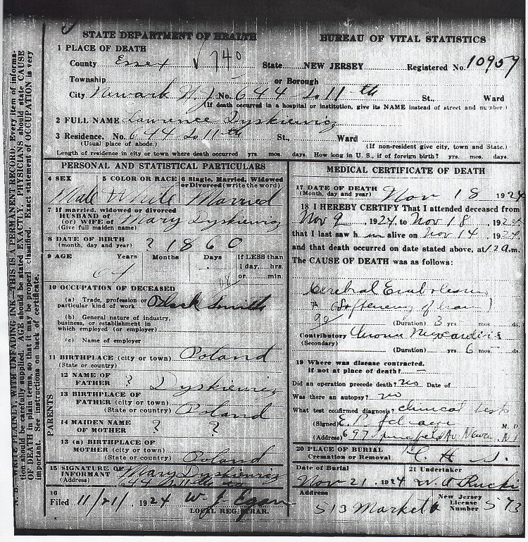 Lawrence Dyszkiewicz Death Certificate