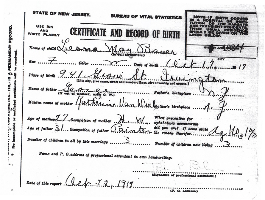 Leona May Bauer Birth Certificate