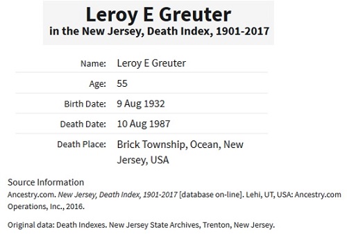 Leroy E. Greuter Death Index