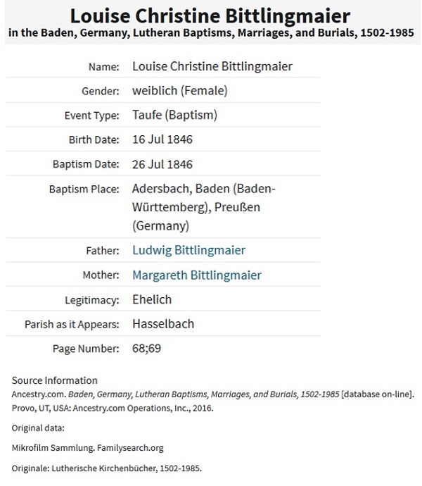 Louisa Christine Bittlingmeier Birth Index