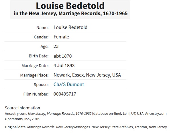 Charles Dumont and Louisa Bechtold Marriage Index