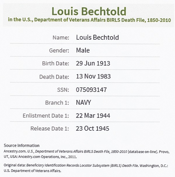 Louis W. Bechtold's Veterans Affairs Death File