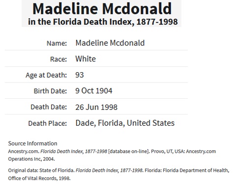 Madeline Bogner McMenamin Hendricks McDonald Death Index