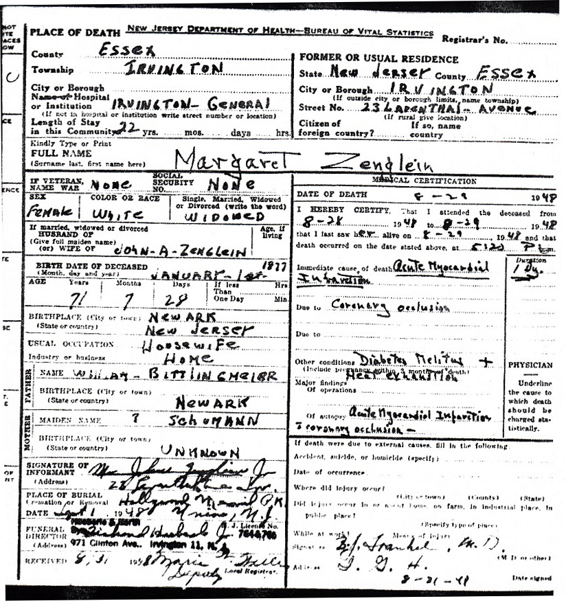 Margaret (Bittlingmeier) Zenglein Death Certificate