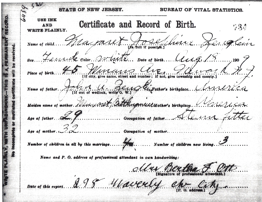 Margaret Josephine Zenglein Birth Certificate