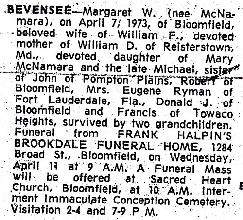 Margaret W. (McNamara) Bevensee Obituary 1