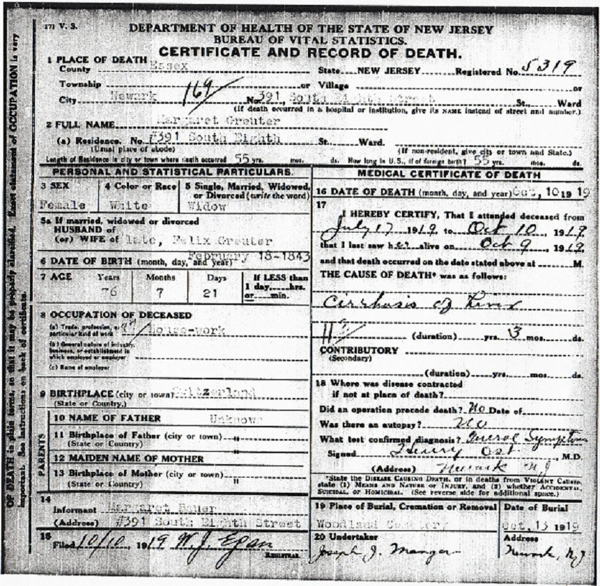 Margaret (Surbeck) Greuter Death Certificate