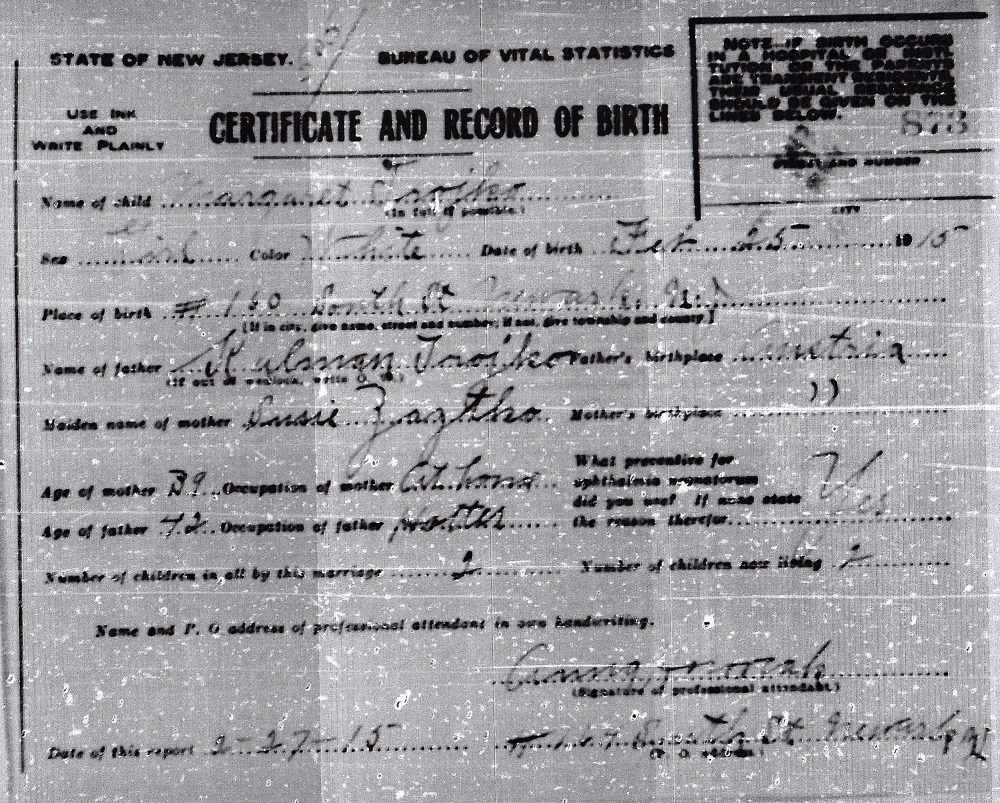 Margaret Troiko Birth Certificate