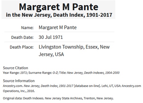 Margaret Zenglein Pante Death Index