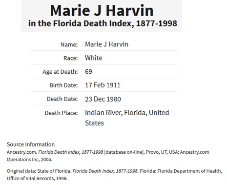 Marie Zenglein Harvin Death Index