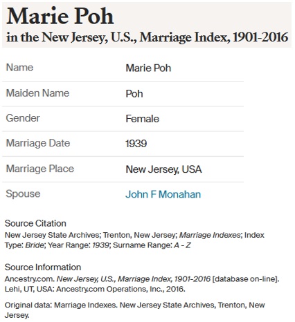 Marie Elizabeth Poh and John Francis Monahan Marriage Record