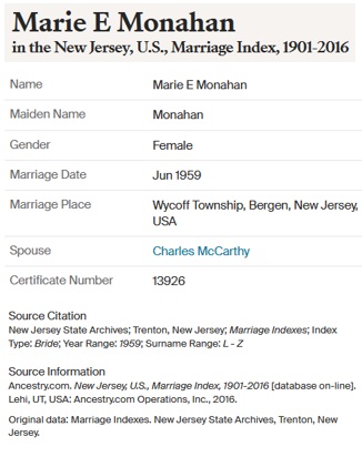 Marie Elizabeth Poh and Charles J. McCarthy Marriage Record