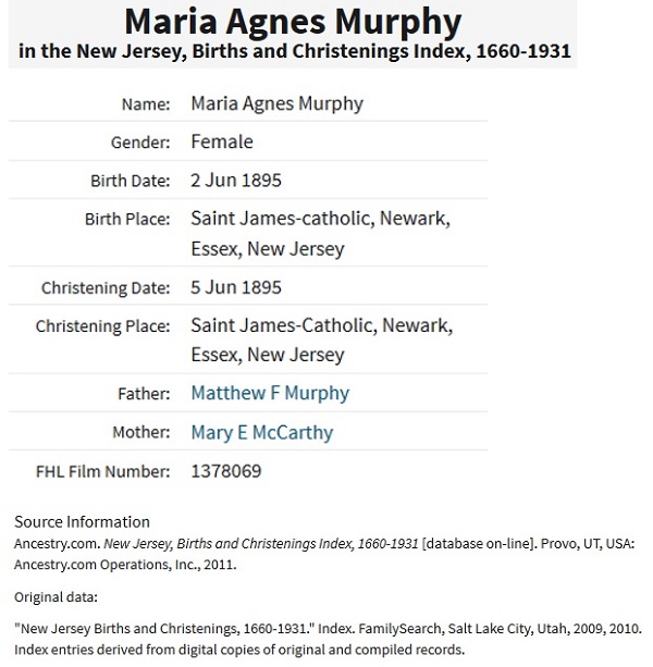 Marie A. Murphy Birth Index
