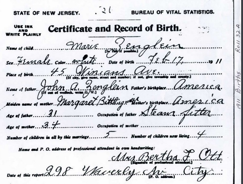 Marie Zenglein Birth Certificate